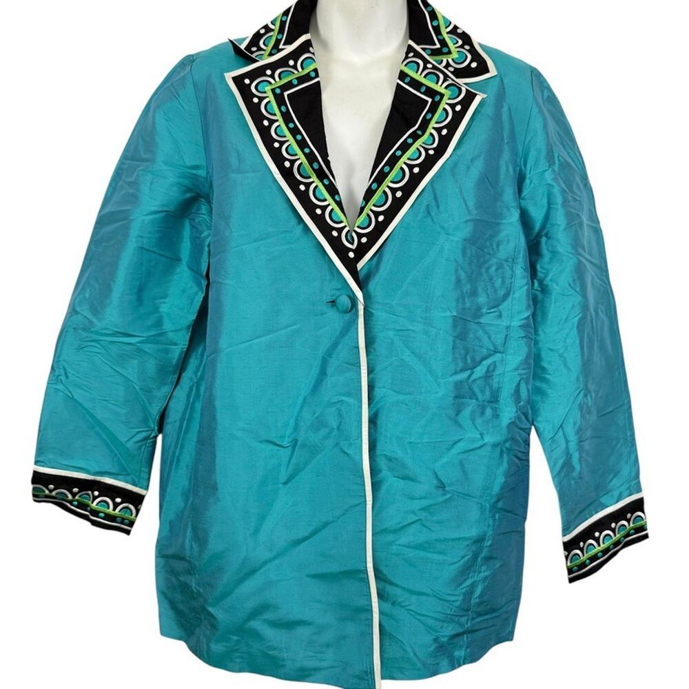 Bob Mackie Wearable Art Womens 100% Silk Embroidered Teal Blazer Jacket sz S